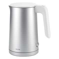 a stainless steel electric kettle on a white background