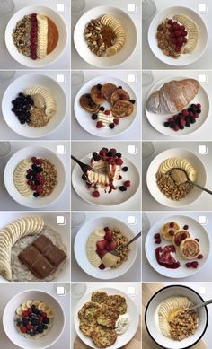 many plates with different types of food on them, including bananas and other foods in them