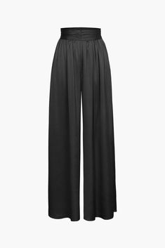 Basic Heavy Satin High Waisted Wide Leg Pants Elegant Pull-on Pants For Daywear, Full Length Rayon Bottoms For Work, Full Length Rayon Pants With Elastic Waistband, Black Wide-leg Bottoms For Daywear, Black Wide Leg Bottoms For Daywear, Elegant Full Length Rayon Pants, Rayon Wide-leg Workwear Pants, Black Rayon Bottoms For Workwear, Stretch Wide Leg Pants For Daywear