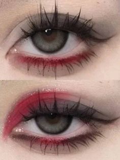 Scene Makeup Hooded Eyes, Creative Vampire Makeup, Emo Look Makeup, Red And Black Eye Shadow Looks, Vampire Makeup Inspiration, Vampire Eyeshadow Looks, Glamorous Halloween Makeup, Under Eye Red Makeup, Demonic Makeup Female