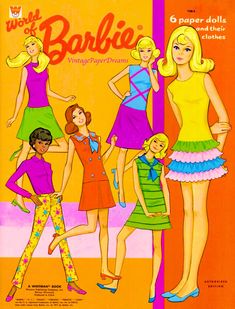 an advertisement for barbie dolls from the 1970's, featuring four women in colorful outfits