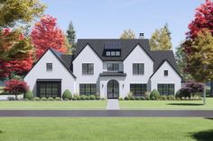 this is an artist's rendering of a house in the fall with trees and shrubs