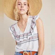 Size Medium Nwt Summer Embroidered Feminine Blouse, Feminine Embroidered Summer Blouse, Summer Feminine Embroidered Blouse, Chic Embroidered Tops For Vacation, Chic Spring Tops With Embroidered Hem, Chic Tops With Floral Embroidery For Vacation, Chic Summer Embroidered Top With Ruffles, Chic Embroidered Beach Tops, Chic Embroidered Ruffle Top For Summer