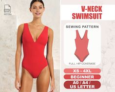 One piece swimsuit sewing pattern for beginners. This bathing suit v-neck front cut and full hip coverage. Swimsuit is fully reversible, I recommend using contrast lining color to wear both ways!  Digital sewing patterns are available instantly. V-NECK SWIMSUIT SEWING PATTERN PREVIEW: - Size: XS-4XL - Print Size: A4 / US Letter / A0 Paper Size - Tools: Serger Sewing Machine - Fabric: 4 Way Stretch Fabric (tricot, polyester / nylon blend etc), 1/4" or 1 cm wide rubber elastic - Seam Allowance: In Body Suit Pattern, Swimsuit Sewing Pattern, Swimwear Sewing Patterns, Swimsuit Pattern Sewing, Coverage Swimsuit, Bodysuit Pattern, Bathing Suit Patterns, Serger Sewing, Swimwear Pattern