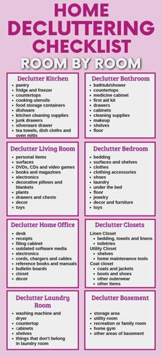 Text is a room by room checklist of things to declutter in your home. List of things to declutter your kitchen, declutter your bathroom, declutter your living room, declutter your bedroom, declutter your home office, declutter your closets, declutter your laundry room and declutter your basement. Declutter Your Home Checklist, Room Declutter, Declutter Bathroom, Decluttering Checklist, Home Checklist, Things To Declutter, Home Decluttering, Deep Cleaning Checklist, Declutter Checklist