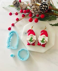 a pair of red and white earrings sitting on top of a table next to pine cones