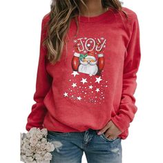 Red Cotton Blend Joy Christmas Print Sweatshirt Red Long Sleeve Christmas T-shirt, Red Holiday Sweatshirt For Winter, Casual Christmas Sweater With Relaxed Fit, Winter Red Top With Graphic Print, Red Letter Print Top For Winter, Red Winter Top With Graphic Print, Red Graphic Print Top For Winter, Red Winter T-shirt, Red Holiday Top For Winter