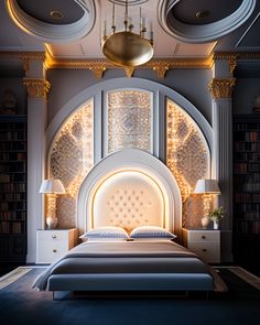 a large bed sitting under a chandelier next to a book shelf filled with books