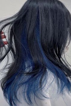 Basic Hair Dye Ideas, Hair Blue Color Ideas, Tips Of Hair Dyed Blue, Kpop Inspired Hair Color, Ideas For Hair Dye, Two Toned Hair Blue, Blue Hidden Hair, Blue Hair Two Tone, Two Toned Hair Ideas