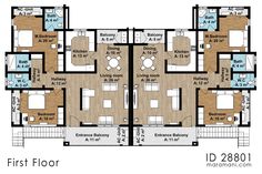 the first floor plan for an apartment with three bedroom and two bathroom units, including one living