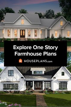 a large white house with the words explore one story farmhouse plans