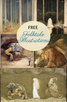 four different pictures with the words free folklore illustrations on them and an image of two animals in