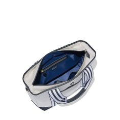 a white and blue striped bag on a white background, with the bottom section open