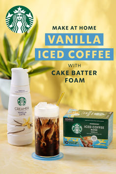 starbucks iced coffee with cake batter, foam and vanilla ice cream in front of a yellow background