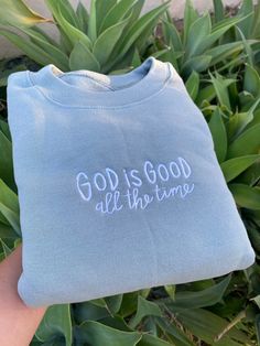 God is Good Embroidered Sweatshirt Crewneck is light weight, and perfect for layering! We use 4 UNISEX STYLE Brands: Smart Blank, Gildan, Cotton Heritage, & Hanes The brand will depend on your size. All crewnecks are true to size. However, if you enjoy a relaxed and lose fit, please size up. ✈️ PRODUCTION TIME & SHIPPING:: Production Time: Sweatshirts are made within 3-5 business days from when the order is placed. Shipping Time: Standard Domestic Shipping (3-5 business days after production tim Embroidered Clothes Ideas, Sweatshirts Ideas, Jesus Clothes, Christian Shirts Designs, Trendy Sweater, Green Crewneck, Sweatshirt Trendy, Cute Shirt Designs, Trendy Sweaters