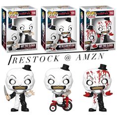 three pop vinyl figures are shown with the same image as they appear to be in action