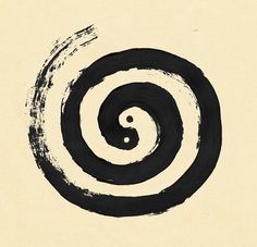 an abstract black and white painting with a spiral design in the center on a beige background