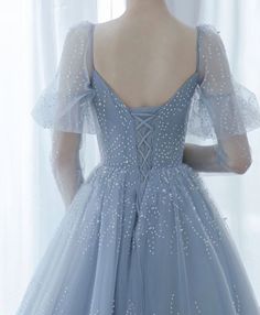 Robe de bal longue à paillettes en tulle bleu V, robe formelle en tulle bleu, 1