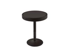 a black table with an iron base and round design on the top, standing in front of a white background