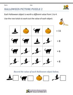 halloween pictures puzzle with pumpkins, witches and cats on it's sides for kids to learn how to use them