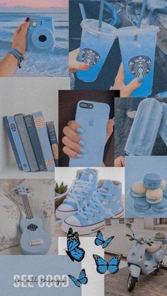 a collage of photos with blue and white items