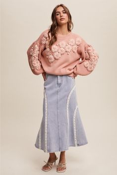 Get ready to bloom in style with the Dalia Embroidered Floral Detail Knit Sweater! This rose pink sweater features delicate embroidered floral details for a playful but chic look. Stay cozy and fashionable with this unique addition to your wardrobe. Embroidered Florals Oversized Long Sleeves Round Neck Waffle Texture Ribbed Neck/Hem Diy Crochet Top, Detailed Sweater, Printed Sweater, Stay Cozy, New Arrival Dress, Pink Sweater, Diy Crochet, Rose Pink, Pink Rose