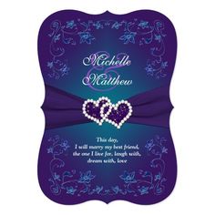 purple and blue wedding card with two hearts