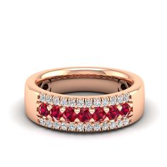 This stunning wedding ring features vibrant red diamonds set in elegant gold, creating a timeless and luxurious piece of jewelry that symbolizes love and commitment. The striking contrast between the deep red diamonds and the bright gold makes this ring a unique and eye-catching choice for any bride or groom. Metal: 14K Gold Setting Type: Prong Rhodium Finish: Yes, on White Gold Gemstone Details: Gemstone: Ruby Shape: Round Average Dimensions: 2.50 MM Quantity: 07 Average Cut: Very Good Average Classic Ruby Ring With Pave Setting For Anniversary, Red Diamond Rings With Channel Set, Red Diamond Channel Set Rings, Red Diamond Ring For Formal Occasions, Red Brilliant Cut Diamond Ring For Formal Occasions, Red Brilliant Cut Diamond Ring For Formal Events, Formal Red Diamond Ring With Pave Setting, Formal Red Gemstone Brilliant Cut Diamond Ring, Luxury Red Ring With Pave Setting