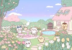 an animated image of some animals in a garden with flowers and a house behind them