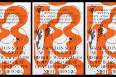 three orange posters with black and white text on them