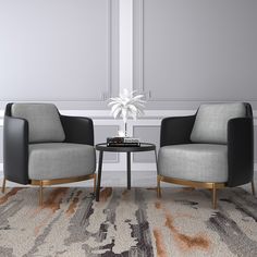 two chairs sitting next to each other on top of a rug