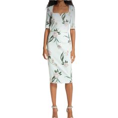 This Stunning Midi Dress Features Floral Fabrication And A Notched Neckline. Anthropologie X Ted Baker London Brand New W/Tag *Midi Silhouette *Short Sleeves *Notched Neckline *Exposed Back Zip *Polyester; Lining: Polyester, Elastane *Hand Wash Or Dry Clean *Imported Colors: Mint Green, Forest Green, Pink, Etc. Size: 2 / Xs Approximate Length: 44" Inquire About Additional Measurements *Please Note: No Belt Is Included W/Purchase* Product Label Has A Mark To Indicate That Item Cannot Be Returned Chic Fitted Midi-length Floral Dress, Spring Sheath Dress With Fitted Bodice, Floral Print Knee-length Cocktail Dress, Square Neck Fitted Floral Dress For Party, Floral Fitted Dress With Square Neck For Party, Fitted Floral Dress With Square Neck For Party, White Midi Dress With Floral Print And Straight Neckline, Fitted Sheath Dress For Brunch, Fitted Sheath Midi Dress For Brunch