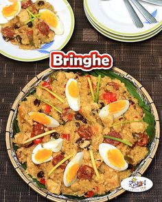 a plate with rice and eggs on it next to two plates that say bringhe