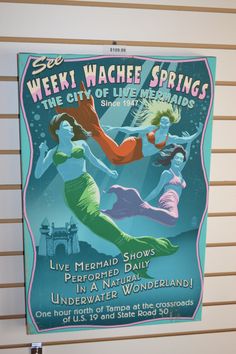 a poster is hanging on the wall in front of a door that says weeki wahee springs, the city of live mermaids