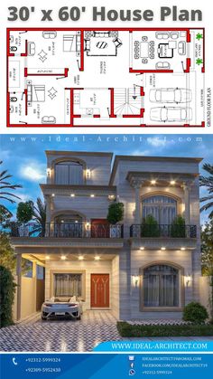 the front and back side of a house plan, with an open floor plan for each room