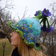 Beautiful bell flower hat with purple flowers, Flower hat, Fairy hat, Floral hat, Pixie hat, Theater hat, Fancy, Funky, Felt wool hat Unique hat in which you will feel amazingly good. It is from natural material and created with love. Warmth, coziness, pleasure and festive feeling will embrace you. Good mood is guaranteed. A good gift for a good person. Hat has a wide usage: it can be a sauna hat, an everyday hat, or a hat for a special occasion or teapot warmer. As a sauna hat it will protect y Handmade Brimmed Whimsical Bonnet, Whimsical Handmade Bonnet, Handmade Whimsical Bonnet, Whimsical Adjustable Purple Costume Hats And Headpieces, Whimsical Blue Wide Brim Hat, Whimsical Blue Wide-brim Hat, Whimsical Purple Winter Hat, Purple Whimsical Winter Hat, Whimsical Handmade Felt Hat