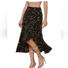 Split Thigh Flared Midi Skirt High Low Hem Ruffle Flared Midi Skirt, Hippie Skirts, Midi Flare Skirt, High Low Hem, High & Low, High Low, Black Red, Midi Skirt, Womens Skirt