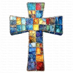 a cross made out of stained glass tiles