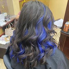 Electric Blue Highlights In Brown Hair, Curly Hair With Blue Highlights, Black Hair With Dark Blue Highlights, Electric Blue Hair Highlights, Black Hair With Blue Underneath, Blue Highlights Curly Hair, Dark Hair With Blue Highlights, Black Hair Blue Highlights, Black Hair With Colored Highlights