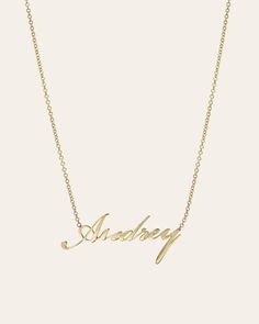 14k solid gold ID dainty name necklace in our beautiful script font, hanging from a chain length of your choice. For a heart symbol please enter ''(heart)''. Please note that the personalization box is case sensitive, so type in exactly how you would like your name to appear, with the correct upper/lowercase font. Script font is not offered in all capitalization. If you are interested in an ID necklace with more than 10 characters, please email us at info@zoelev.com for a quote. Made in L.A. Let Personalized Yellow Gold Heart Pendant Name Necklace, Personalized Elegant Heart Pendant Name Necklace, Engraved Name Necklace As Personalized Fine Jewelry Gift, Engraved Name Necklace As Personalized Gift, Engraved Name Necklace For Personalized Gift, Elegant Name Necklace With Heart Pendant For Personalized Gift, Elegant Heart Pendant Name Necklace For Personalized Gift, Elegant Heart-shaped Custom Name Necklace, Customizable Heart Shaped Elegant Name Necklace