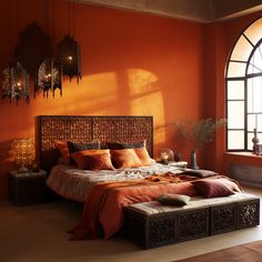 a bedroom with orange walls and an ornate bed in the center, surrounded by windows