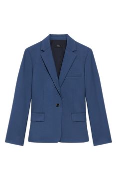 Cut from a rich wool blend with a touch of stretch, this handsome blazer boasts a modern slim fit for polished style. 23 1/2" length (size 8) Front button closure Notched lapels Bracelet-length sleeves Chest welt pocket; front flap pockets Lined 96% wool, 4% elastane Dry clean Imported Blue Blazer With Concealed Placket For Office, Blue Office Blazer With Concealed Placket, Blue Career Blazer With Notch Lapel, Blue Notch Lapel Blazer For Work, Career Blue Notch Lapel Blazer, Career Notch Lapel Blue Blazer, Blue Single Button Sport Coat For Office, Modern Blue Blazer With Notch Lapel, Blue Career Blazer With Suit Collar