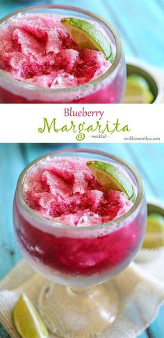 two glasses filled with blueberry margarita and lime slices