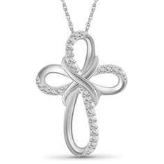 Your Faith Deserves to Be This Beautiful (& Close to Your Heart): With our JewelExcess sterling silver cross pendant your body and mind will be constantly reminded just how strong your faith is. Adorned with white or black diamonds, a heart charm, angel wings, or an infinity sign, your new silver cross necklace is a fashionable way to express your faith. Rope Chain Included - Durable & Long-Lasting: This silver cross necklace comes with an 18-inch rope chain, which is one of the most dur Diamond Cross Pendant For Formal Occasions, Cubic Zirconia Cross Pendant With Diamond Accents, Silver Cross Pendant With Single Cut Diamonds, Diamond White Single Cut Cross Pendant Jewelry, Cross-shaped Diamond Necklace For Gift, Sterling Silver Cross Pendant, Silver Cross Pendant, Diamond Cross, Diamond Cross Pendants