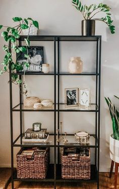 a shelf with baskets, plants and pictures on it