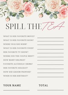 a pink rose themed fill in the blank list