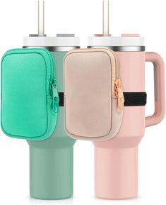 two travel mugs, one with an insulated handle and the other with a zippered pouch