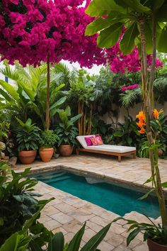 a pool surrounded by lots of plants and potted trees with purple flowers in the background