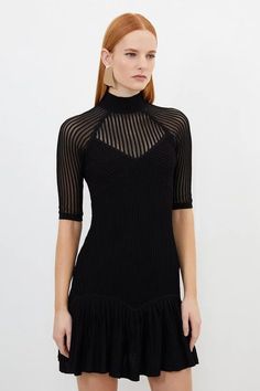 Viscose Blend Sheer Knit Peplum Mini Dress | Karen Millen Sheer Knit, Knitted Dress, Karen Millen, Fashion Face, Ruffle Hem, Dress Collection, Knit Dress, Click Here, Dresses With Sleeves