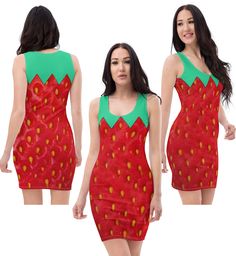 a woman in a dress with strawberries on it